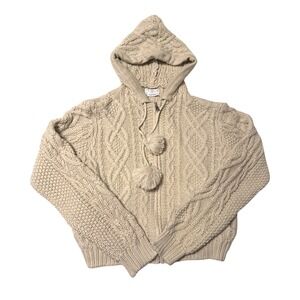 Absolutely Creative Worldwide Cream Cable Knit Zip Hoodie Pom Cropped Sweater M